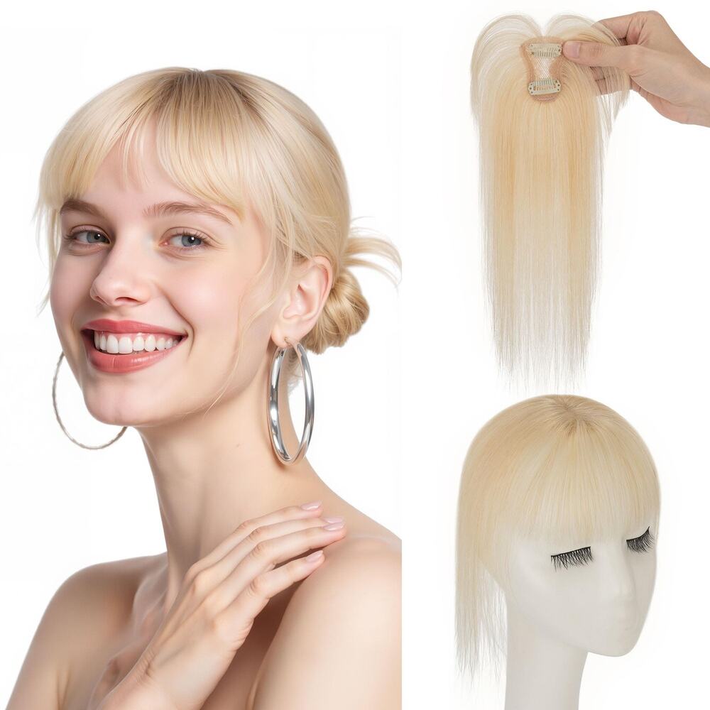 SEGO Womens Clip In Human Hair Topper Bangs Blonde Fringe Hairpiece Wiglet